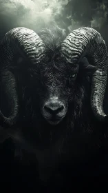 Stormlit ram guardian gazing out from the shadows.