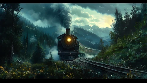 Steam train winding through misty mountain forest dawn.