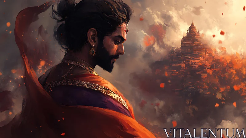 Brooding warrior in red robe before distant temple at dusk.