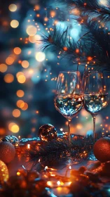 Holiday wine glasses glow amid bokeh lights and pine decor