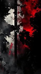 Vertical fracture abstract with red and monochrome splatter field.