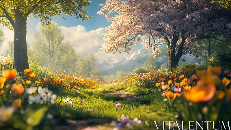 Spring meadow path with flowering trees and distant mountains.