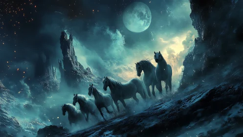 Lunar-lit white horses in a misted cinematic fantasy canyon.