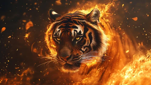 Tiger strides through swirling fire with intense ember gaze