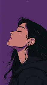 Side profile portrait shows woman with eyes closed, facing up