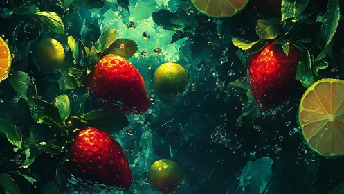 Vivid strawberries and citrus slices swirling through water.