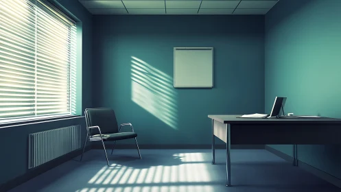Minimal office interior with teal walls and window blinds.