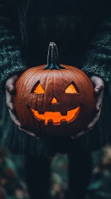 Grinning jack-o’-lantern cradled in shadowy autumn hands.