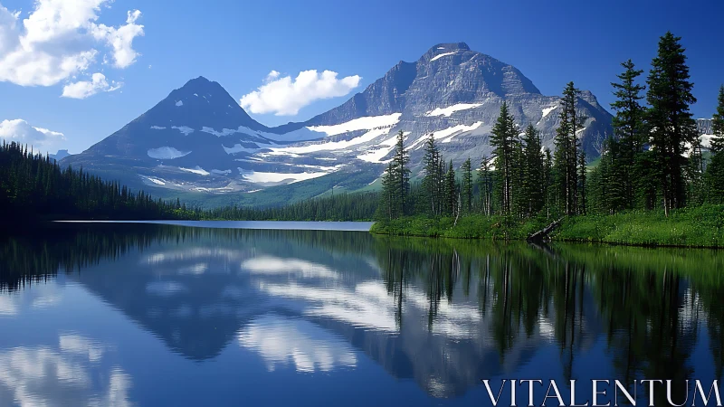 Snow-capped mountain range reflected in forest lake panorama.