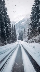 Winter mountain road with snow-laden pines and snowfall.