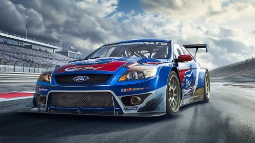 Photorealistic touring race car with dynamic low-angle track view.