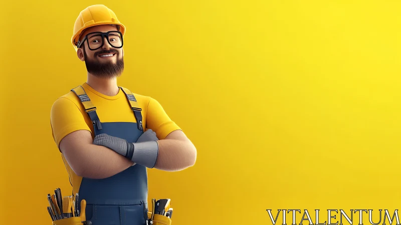 Smiling construction worker crosses arms on bright yellow background.