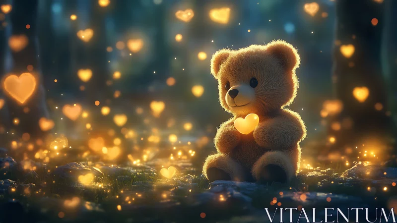 Glowing teddy bear cradles heart lights in an enchanted forest.