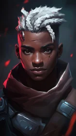 Scarred sci fi scout with white braids under embers glow.