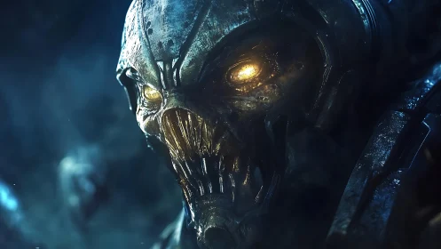 Cyborg skull creature glows with intense yellow eye light