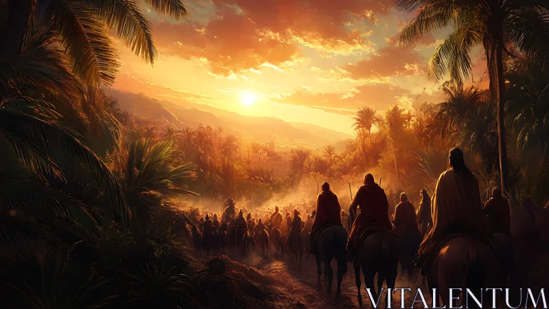 Sunlit caravan riders crossing lush tropical valley at dusk.