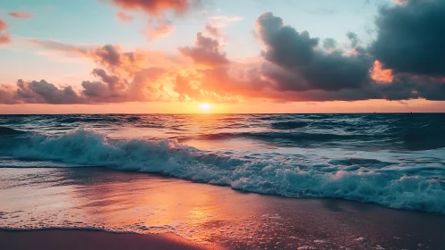 Gentle waves welcome a glowing sunset along the shore