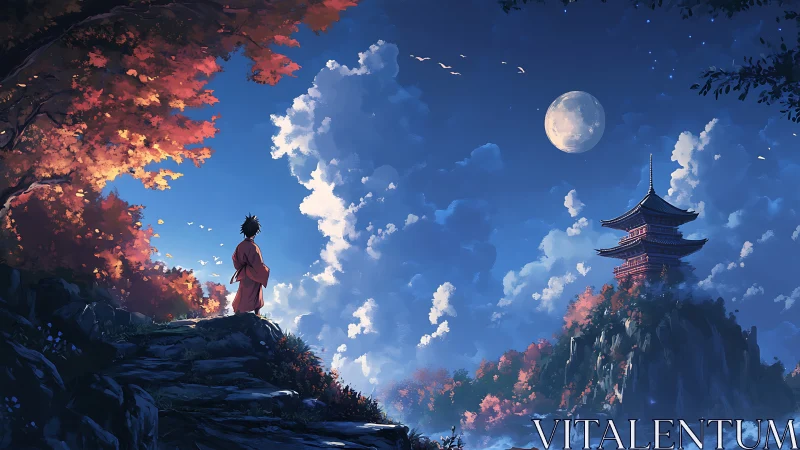 Child observes distant pagoda under moonlit, clouded sky