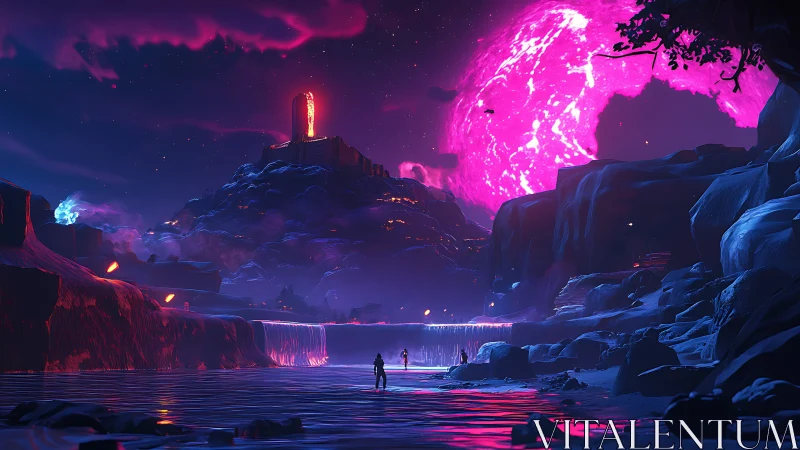 Strange alien coast under glowing pink planet at night.