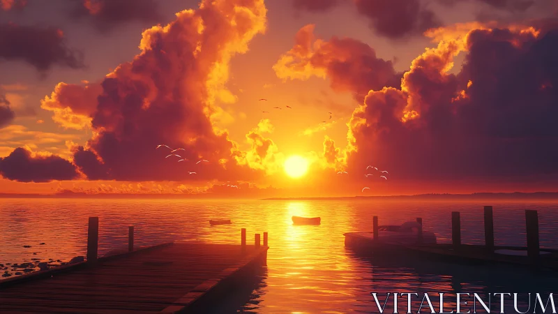 Sunlit pier overlooks blazing clouds above calm water.