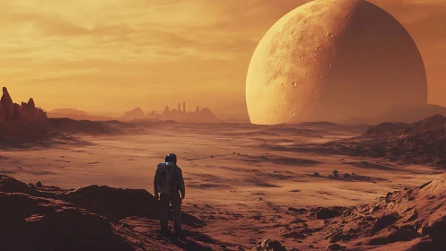 Solitary explorer under a colossal rising alien moon.