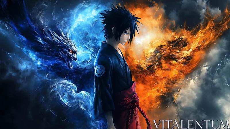 Male figure with blue dragon and orange phoenix forms.