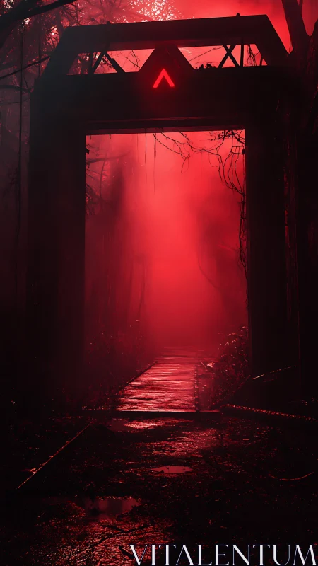 Cyberpunk red gateway corridor in mist-laden jungle frame.