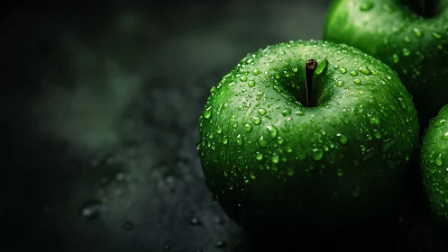 Rain-kissed green apples glowing on a moody dark stage.