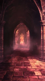 Ancient gothic hallway glows with eerie, ember like mystique