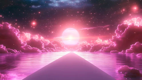 Dreamy pink horizon path under a glowing cosmic sunrise.