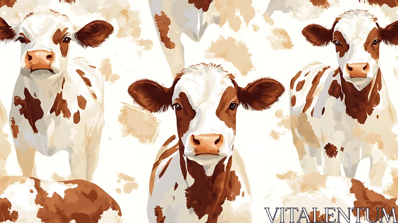 Curious brown and white calves in a cozy painted crowd.