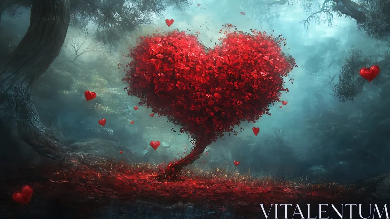 Heart-Shaped Tree Blooms Red Hearts in Mystical Forest