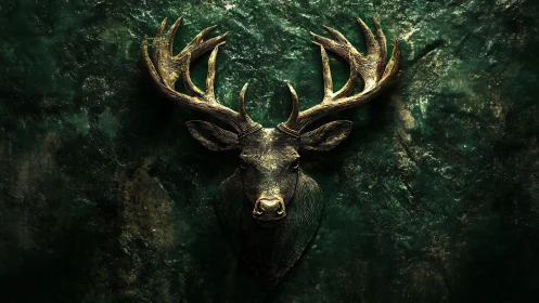 Antlered emerald guardian carved in burnished golden wood.