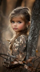Young Girl Posing Thoughtfully by Tree Trunk