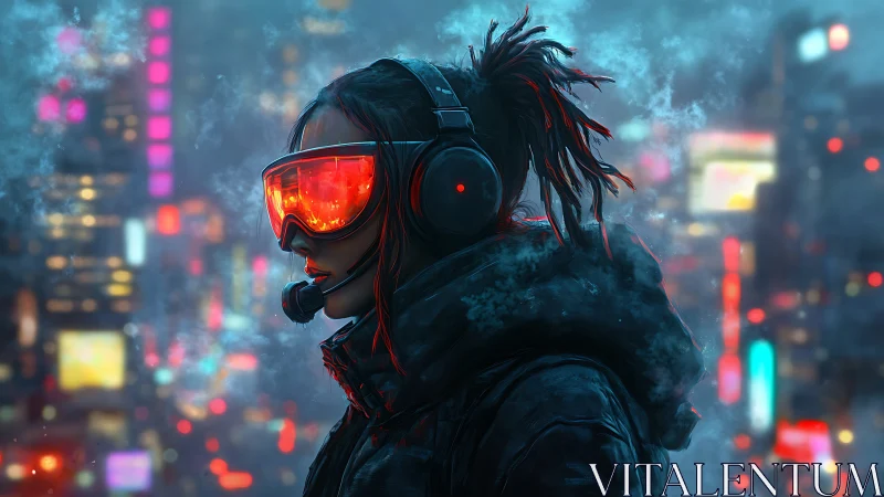 Neon-soaked night walker pauses in a glowing cyber city haze