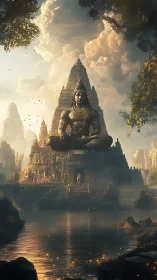 Serene temple guardian in golden light above sacred waters.