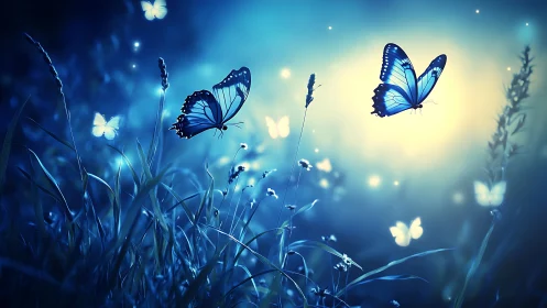 Blue Butterflies in Magical Night Meadow, Dreamy Fantasy Art.