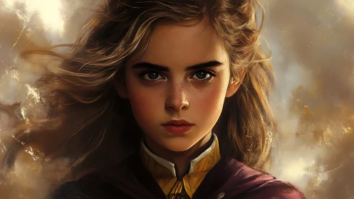 Storm-eyed young heroine framed in windswept golden mist.