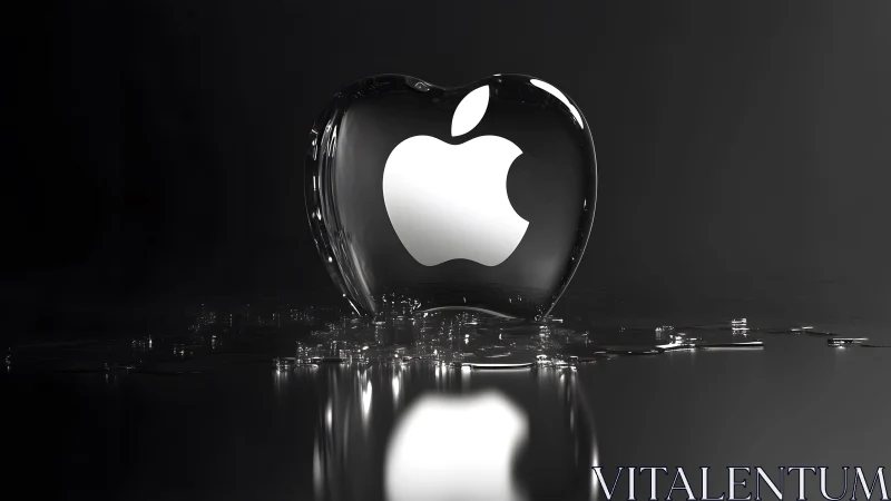 Glass Apple Logo Sculpture on Dark Reflective Surface, Futuristic Style. Glass Apple Logo Sculpture on Dark Reflective Surface, Futuristic Style.