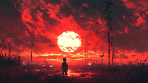 Child watches blazing red sunset over quiet power lines