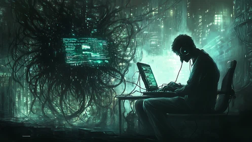 Neon code whisperer duels a tangled digital abyss of data.