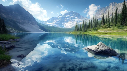 Crystal lake cradles calm mountains and evergreen forest
