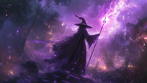 Wizard silhouette stands in glowing purple enchanted forest