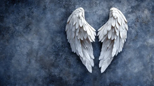 Silent alabaster angel wings on storm-touched indigo wall.