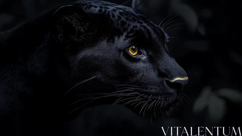 Black Panther Profile With Amber Eyes Against Dark Background.