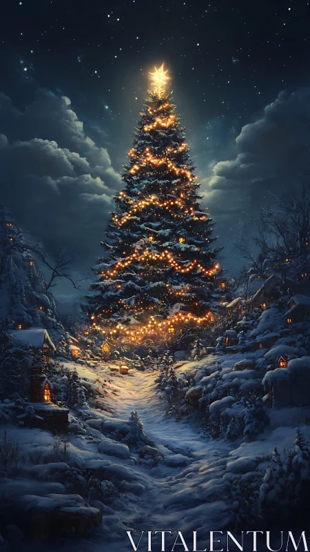 Majestic Christmas tree glows warmly in a snowy winter valley