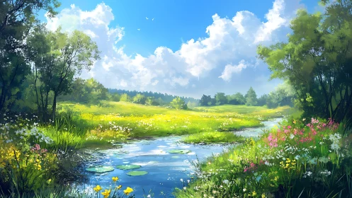 Bright summer meadow with stream and distant tree line.