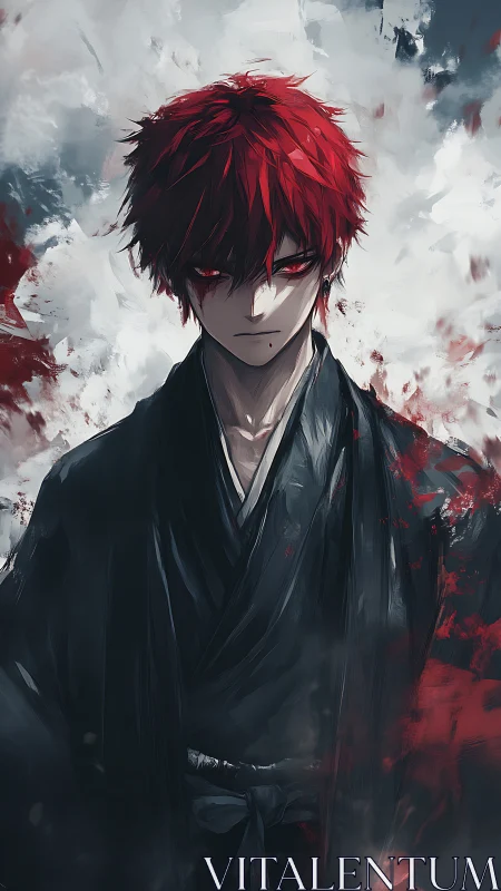 Crimson eyed swordsman stands in storm of abstract chaos.