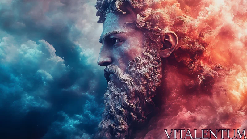 Mythic stone god head emerging from swirling clouds.