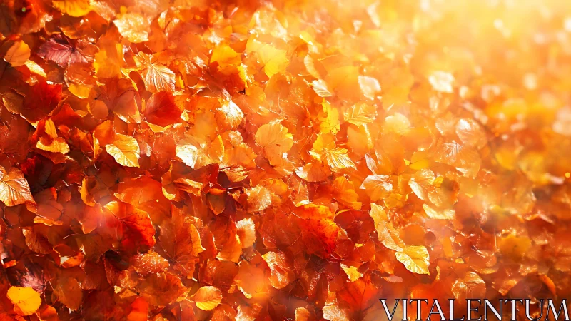 Sunlit autumn leaves covering ground in dense orange layer